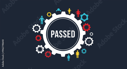 Large central gear with the text Passed surrounded by smaller colorful gears and human silhouettes representing successful team evaluation.
