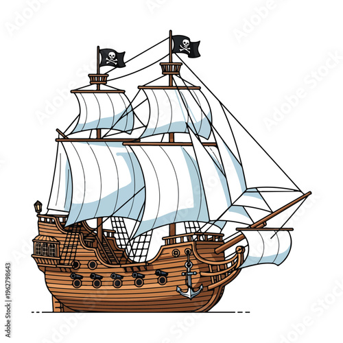 cartoon style vintage pirate galleon ship illustration