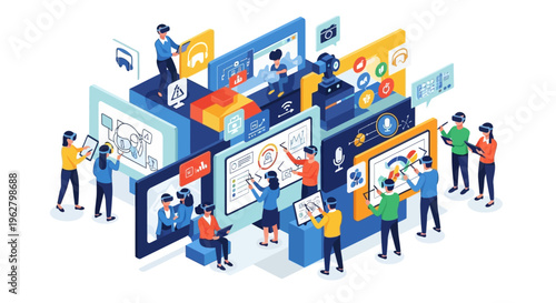 Diverse group of people engaging with interactive digital displays.