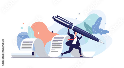 Ambitious businessman carrying a massive blue pen over a long paper document scroll representing law, contracts, or writing tasks.