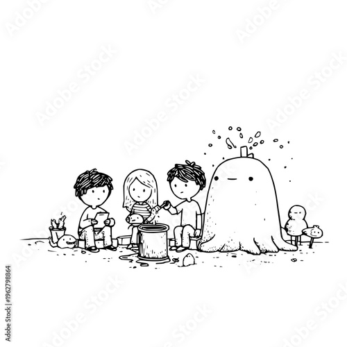 Cartoon children and monster friends play together outdoors in a fun imaginative scene with toys and a bucket