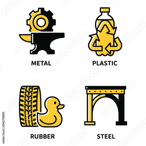 Vector art of four yellow icons illustrating different materials and industrial elements