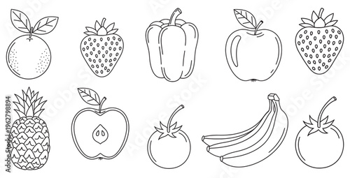 Collection of simple hand drawn black and white outline illustrations featuring various fresh fruits and vegetables suitable for coloring pages or educational materials