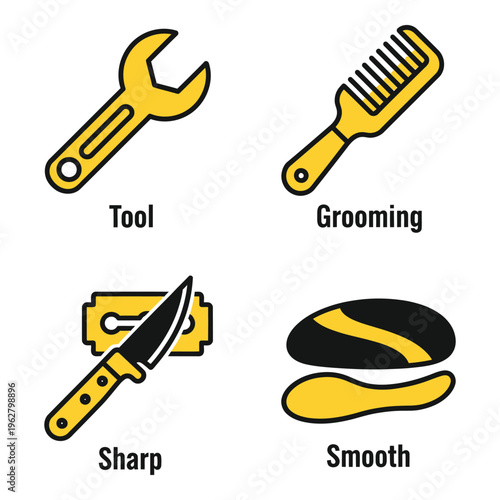 Vector art of four flat design icons illustrating tools for grooming and maintenance