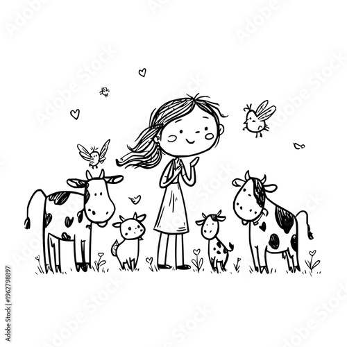 A smiling girl standing with cows and calves in a field with birds and hearts