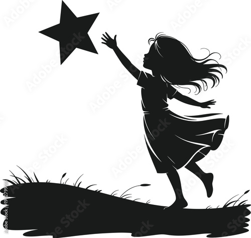 Silhouette girl reaching star, inspirational dream concept, hope ambition illustration, night sky art, motivational design, childhood imagination, fantasy vision, aspiration graphic
