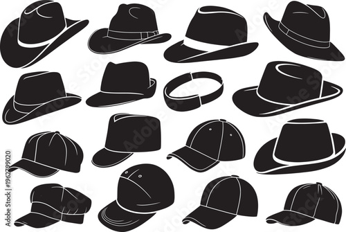 Set of various black silhouettes of hats and caps on transparent background
