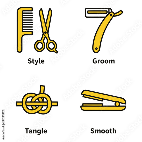 Vector art of set of four flat icons illustrating hair styling tools and concepts style, groom, tangle, and smooth
