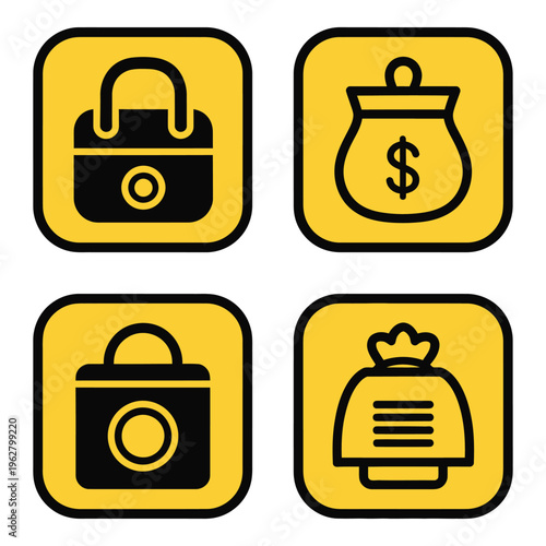 Vector art of four yellow and black flat icons representing bags and money
