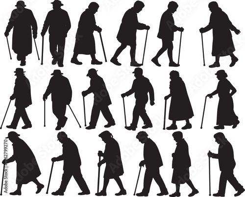 Silhouettes of elderly people walking with canes, depicting age and lifestyle with distinct figures