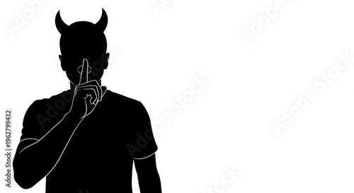Silhouette of a Man with Devil Horns Pressing a Finger to His Lips in a Silent, Mysterious Pose
