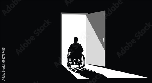 Dark silhouette of a person in a wheelchair positioned at an open doorway with bright white light symbolizing hope, future, or new opportunities.