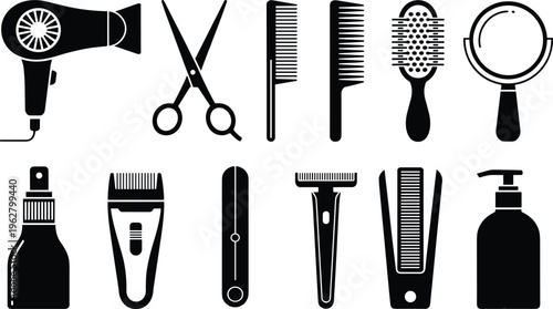 Silhouette hairdressing tools, hair dryer, scissors, combs, hairbrush, mirror, spray bottle, clipper, straightener, razor, clip, pump bottle illustration