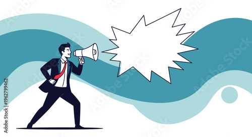 Enthusiastic businessman in a suit shouting into a megaphone with a large empty jagged speech bubble for a custom marketing announcement.