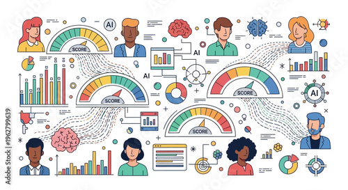 Diverse People Interacting with AI and Data Visualization.