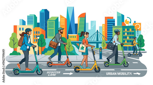 Diverse people riding electric scooters in a modern city.