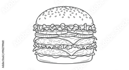 Detailed black and white line art illustration of double cheeseburger with lettuce, tomato, cheese, and sesame bun.