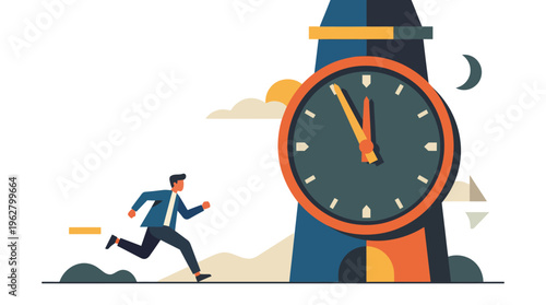 Businessman running from giant clock.