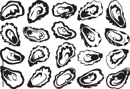 Set of monochrome vector illustrations featuring fresh oysters ready for consumption