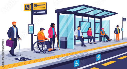 Diverse people waiting at accessible bus stop.