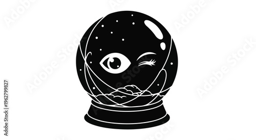 Mystical crystal ball illustration with a winking eye inside symbolizes foresight, prediction, and magical intuition against a stark white background.