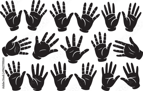 Group of black silhouette hands open palm, displaying five fingers, isolated on transparent background