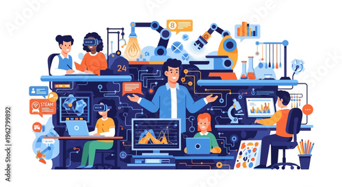 Diverse team collaborating in a modern technology lab environment.