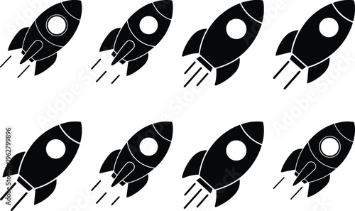 Eight stylized black rocket ship icons in various stages of flight, symbolizing space exploration, speed, and innovation.