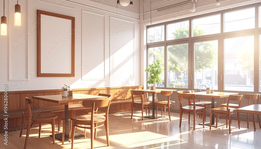 Fototapeta premium A well-lit restaurant interior with wooden tables and chairs sits empty near large windows.