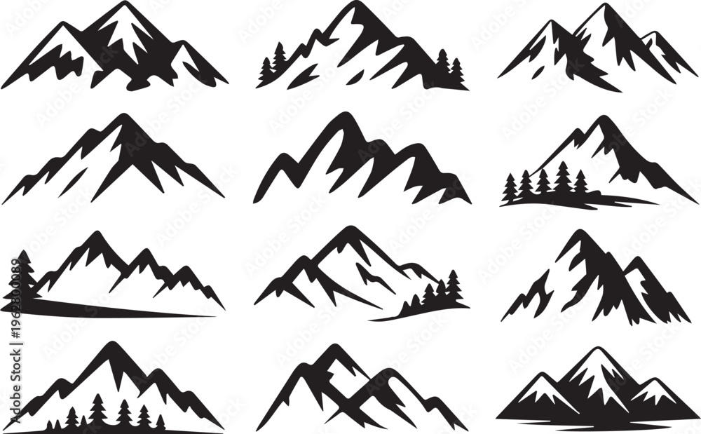 Fototapeta premium Set of different mountain peaks silhouettes on transparent background for landscape designs