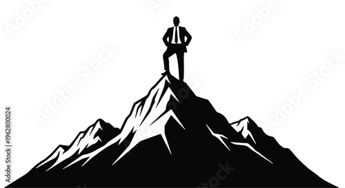 Businessman silhouette stands triumphantly atop a rugged mountain peak, symbolizing achievement, success, and overcoming challenges in a corporate context.