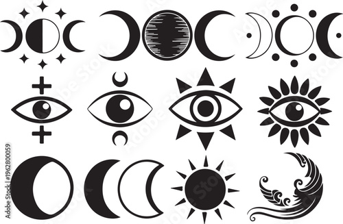 Mystical celestial symbols set including moon phases third eye sun and esoteric astronomical icons