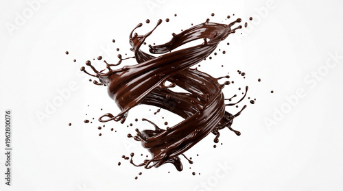 Dynamic swirling liquid chocolate splash with droplets frozen in motion isolated on white background
