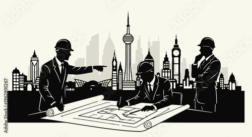 Three male architects in hard hats review a blueprint with a global city skyline featuring iconic landmarks in the background, symbolizing international urban development.