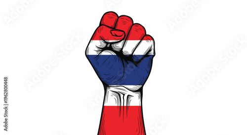 Powerful raised fist painted with red white and blue colors of thailand flag representing strength and national pride.