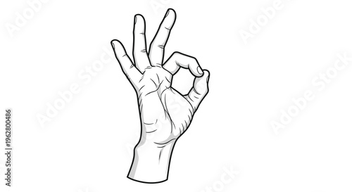 Detailed black and white line art drawing of human hand making ok gesture with thumb and index finger touching.
