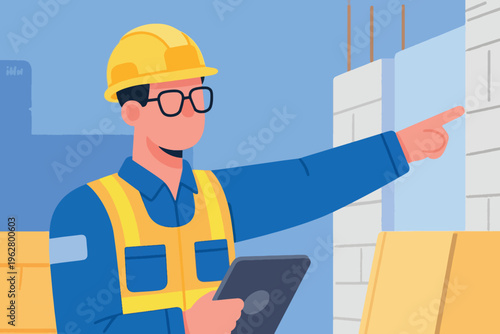 Construction worker with helmet and tablet pointing at site, stylized vector illustration of supervision.
