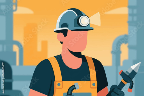 Industrial worker with helmet and drill tool in factory setting, stylized vector illustration of labor.