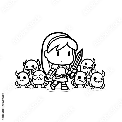 Brave cartoon warrior girl fights off monsters with sword and courage in a fantasy scene