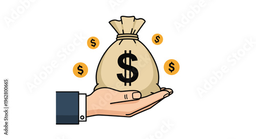 Human hand in business suit sleeve holding heavy sack of money decorated with dollar sign surrounded by coins.