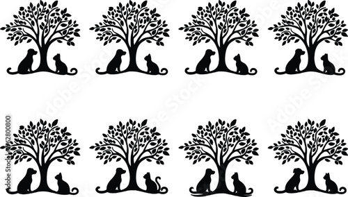 Silhouette of a dog and cat sitting peacefully under a leafy tree, symbolizing companionship and nature.