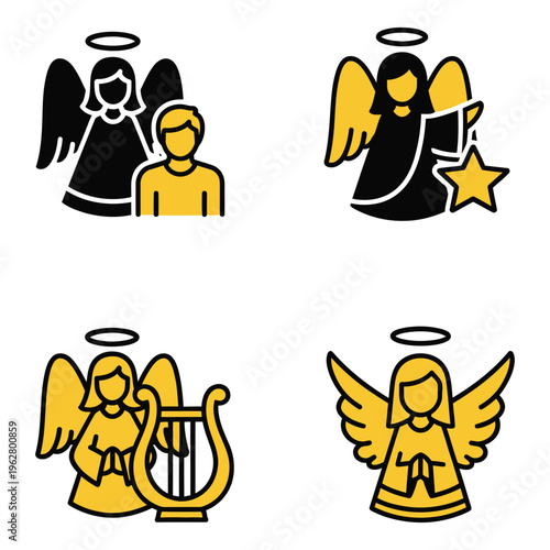 Vector art of set of four flat icon illustrations of angels and related symbols