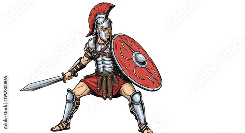 Brave roman soldier in full metallic armor and red plumed helmet holding sword and decorative shield in combat stance.