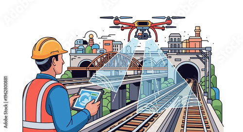 Engineer controlling drone with tablet for railway inspection.