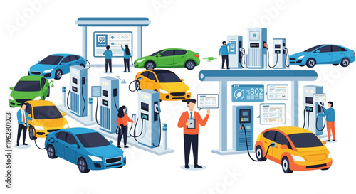 Electric Cars Charging at Modern Stations with People.