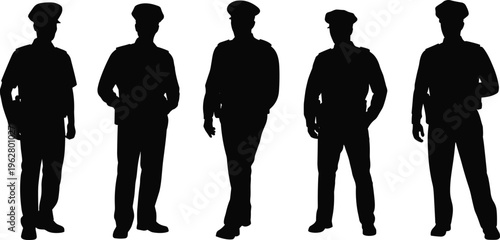 Police officer silhouettes, law enforcement figures, uniformed police vector, security personnel poses, black and white illustration, authority, protection, public safety design