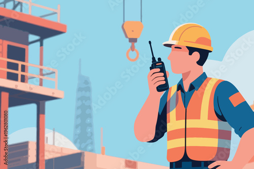Construction worker with helmet and walkie talkie at site, stylized vector illustration of communication and safety.