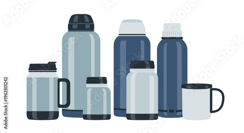 Collection of various insulated flasks and mugs.