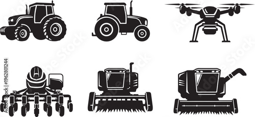 Agricultural machinery and drone icons in black and white