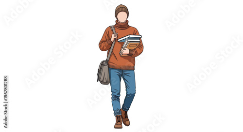 Young man holding books walking.